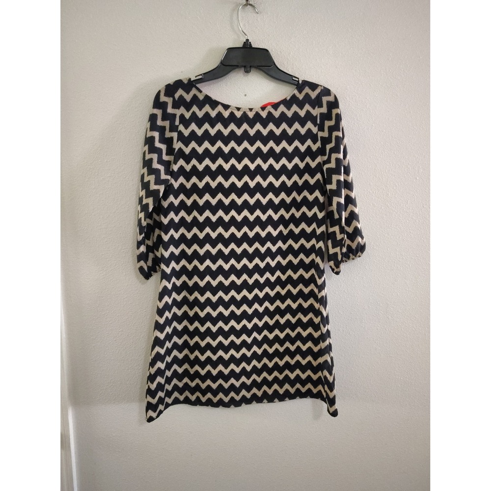 Auditions Fashion Chevron Shift Dress Black Cream Red Back Bow Mini Small SW5814